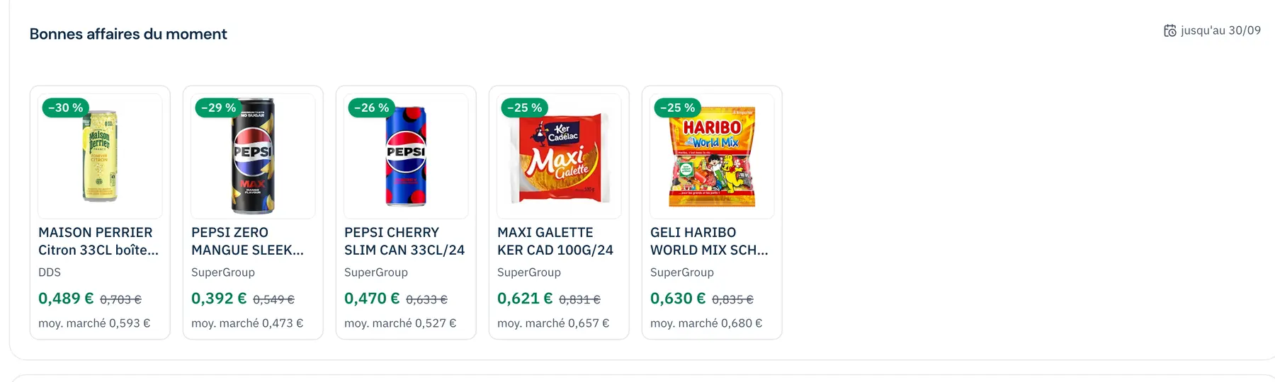Bonnes affaires du moment : cinq références en promotion, remise en pourcentage, prix promo, prix habituel barré et moyenne du marché.