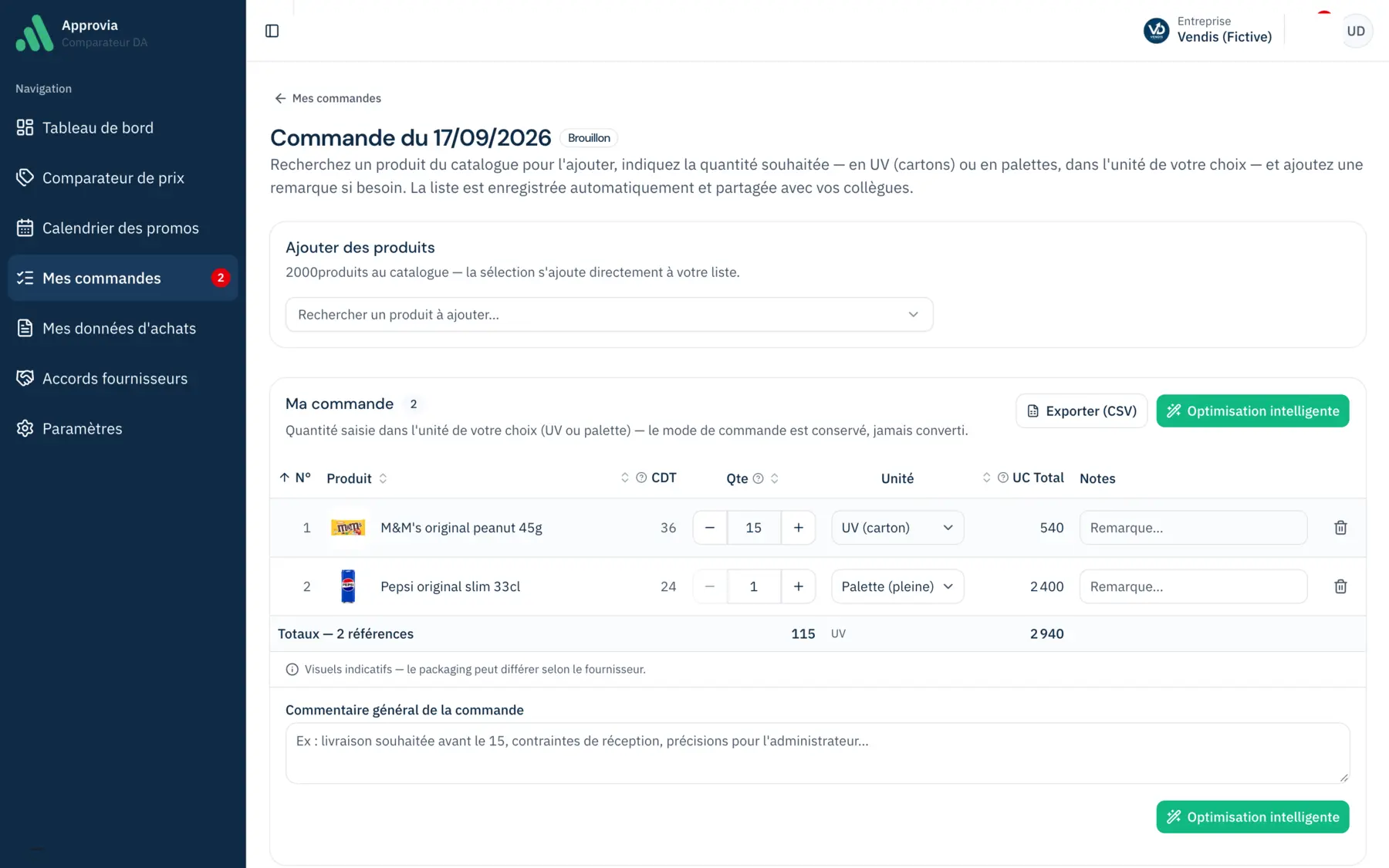 Commande en préparation Approvia : lignes produits avec conditionnement, quantité, unité (carton ou palette), total en unités consommateur et remarque par ligne.