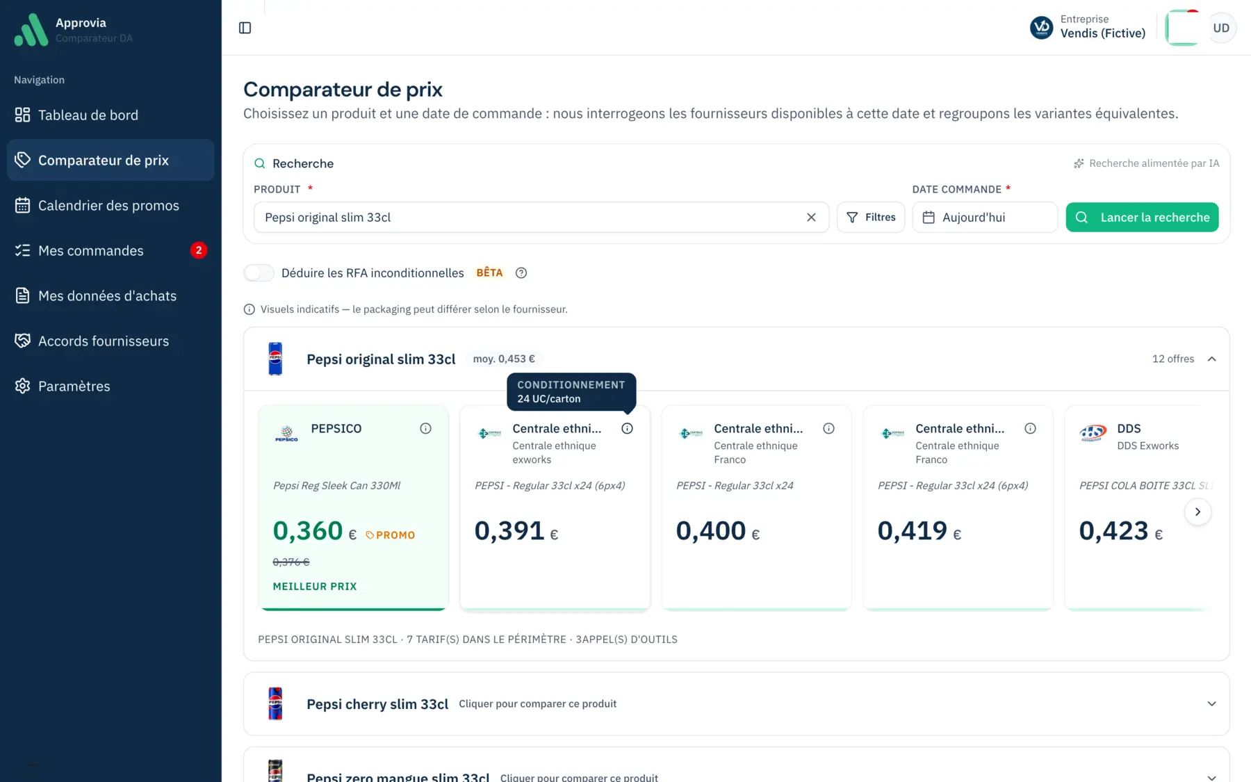 Détail d'une carte d'offre : libellé fournisseur, promotion en prix barré, conditionnement et palettisation au survol, prix unitaire net et prix à la palette.
